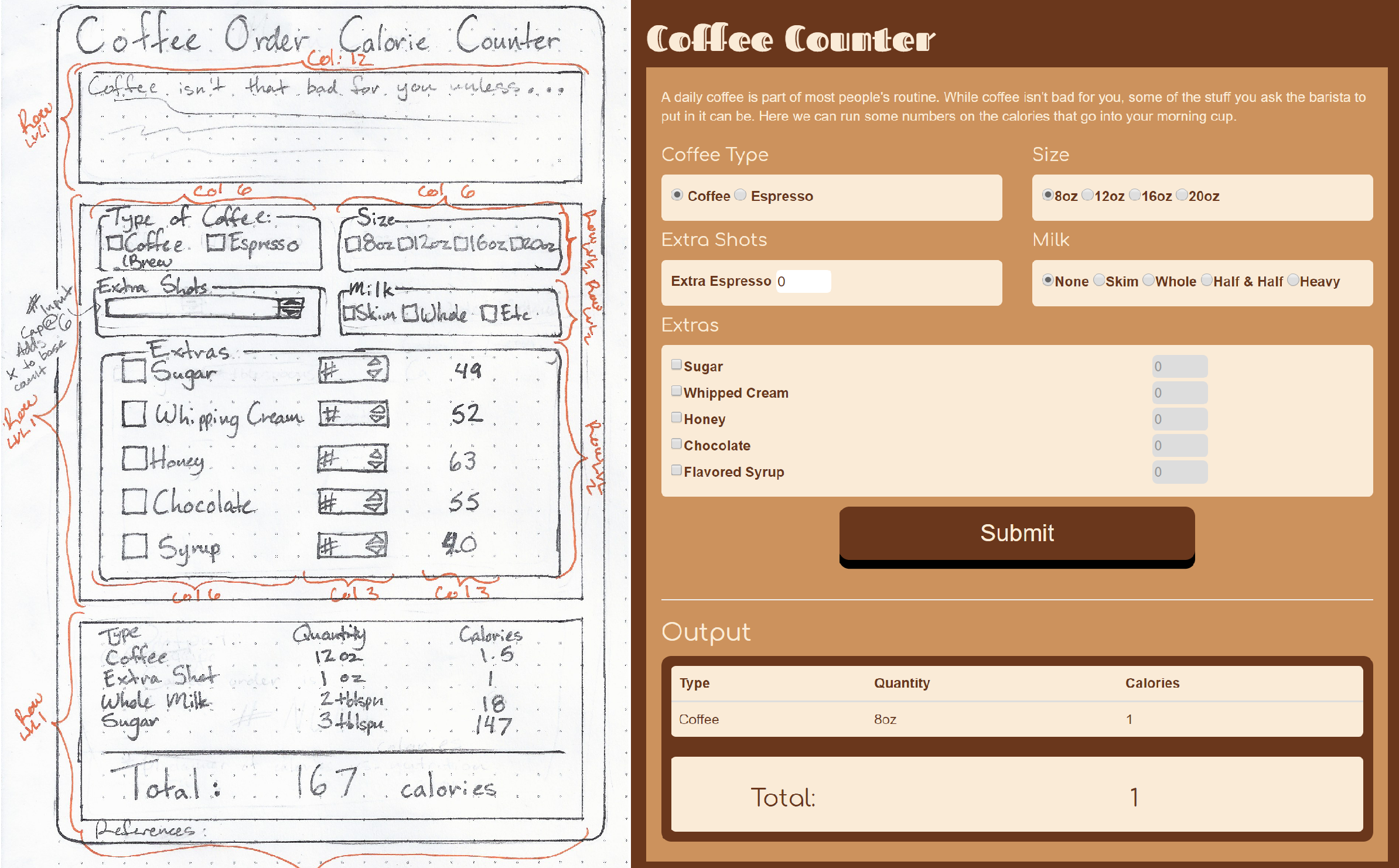 Wireframe, finished, side-by-side