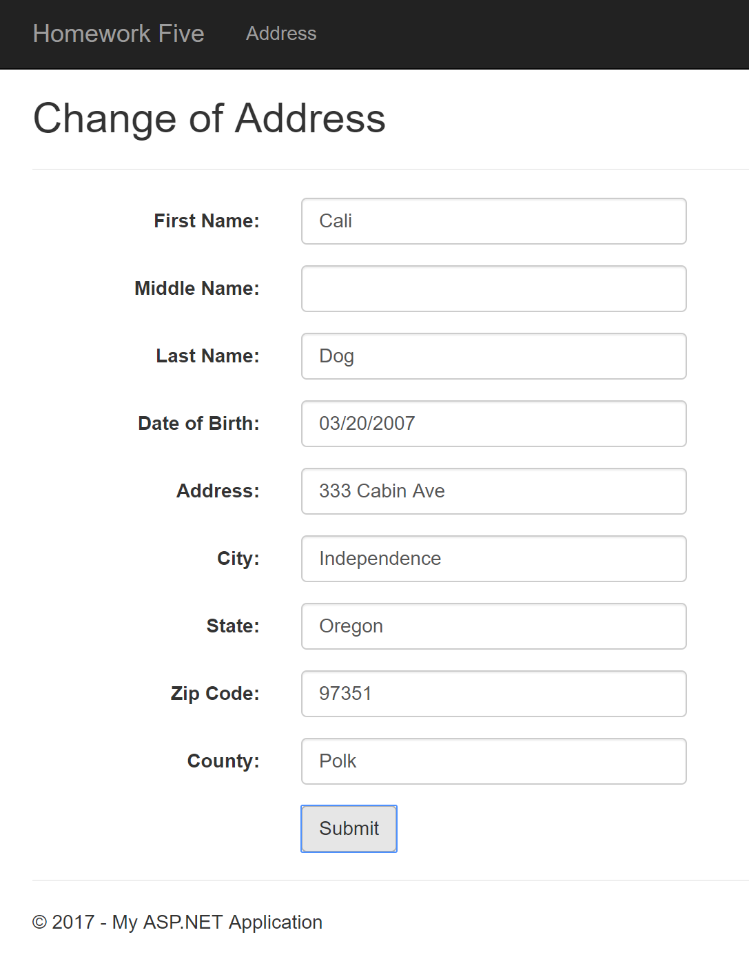 Example of the Addresses view page