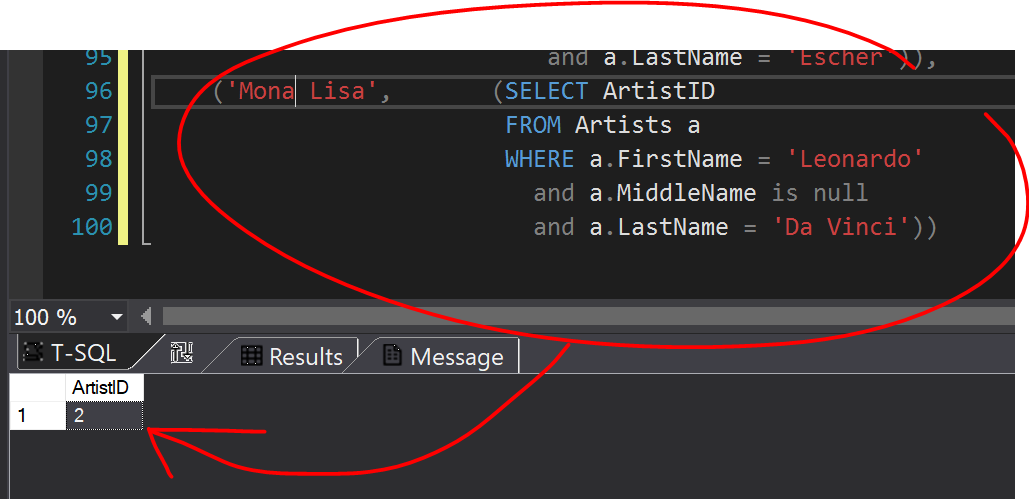 Example of Subquery result return